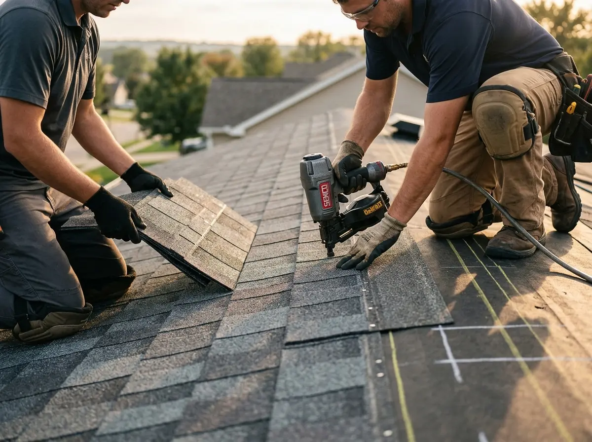 Professional roofer working on a residential roof in Prunedale